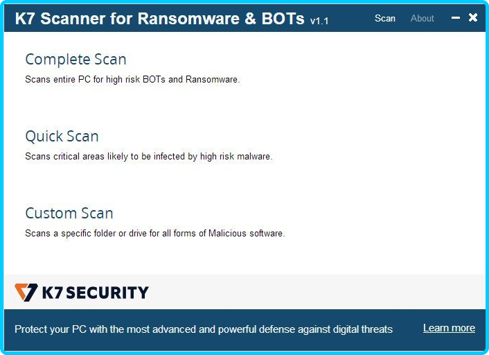 K7 Scanner for Ransomware & BOTs 1.0.0.128 Caf47ac1e822bac365bc1a6587de0efb