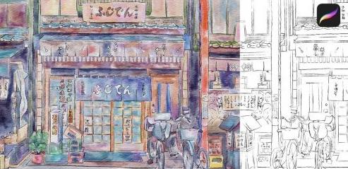 Japanese storefront in Japanese watercolor style in Procreate – digital illustration + free brushes