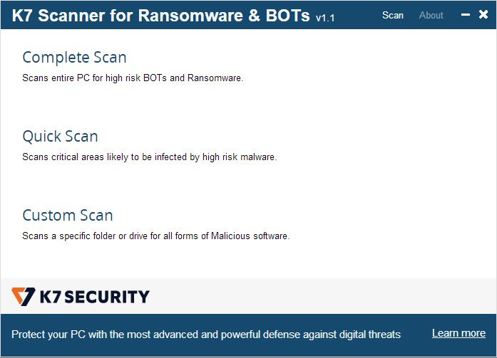 K7 Scanner for Ransomware & BOTs 1.0.0.164 527a5873fdf4f4f4257f2267eb72dd16