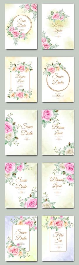 Wedding invitation card with floral leaves watercolor in vector