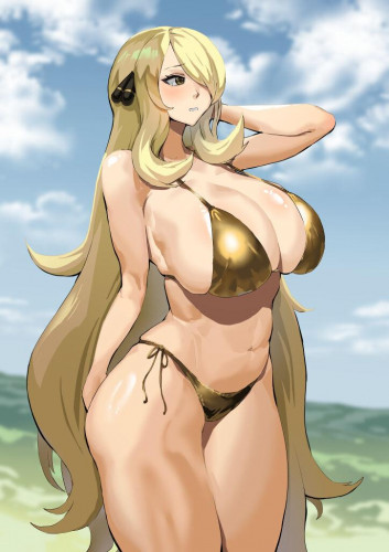 Cynthia is embarrassed to wear a gold bikini Hentai Comic
