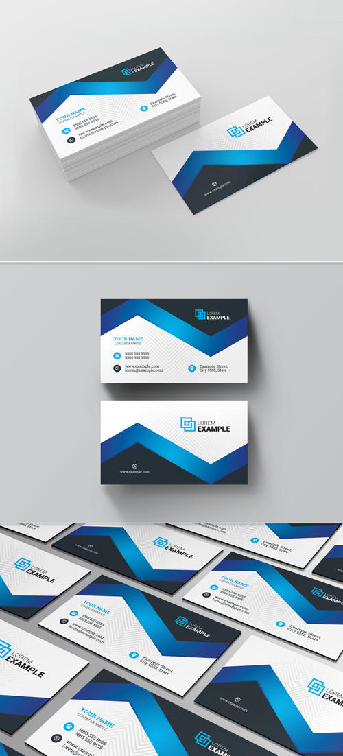Business Card Layout with Blue Elements 210855682
