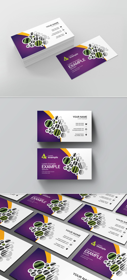 Business Card Layout with Purple, Yellow, and Green Elements 211022008