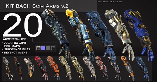 20 Scifi Arms GameReady v.2 + PBR Maps + Render Scene