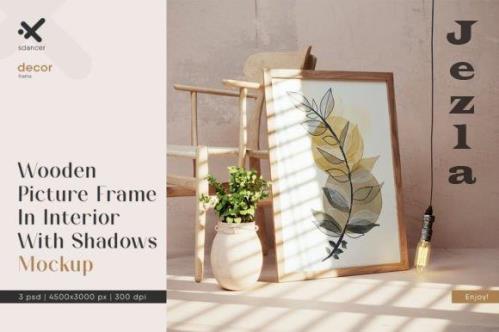 Wooden Picture Frame In Interior With Dark Shadows Mockup - 2157330 Wooden Picture Frame In Interior With Dark Shadows Mockup - 2157330