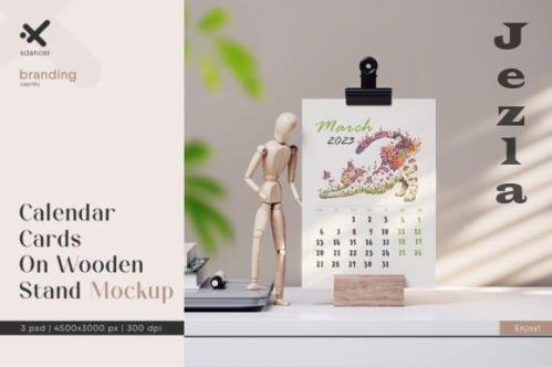 Calendar Cards On Wooden Stand Mockup - 2162327