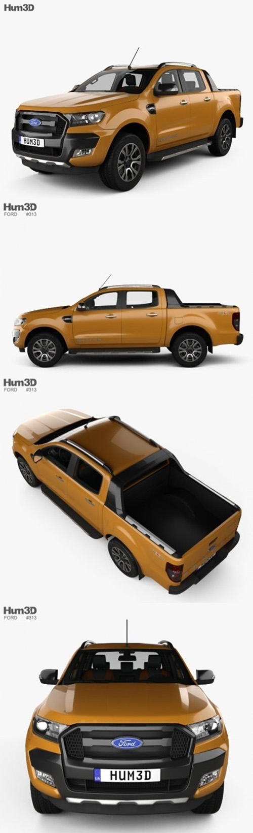 Ford Ranger Double Cab Wildtrak with HQ interior 2016 3D Model