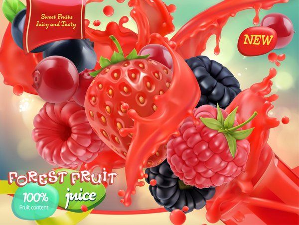 Fresh Juices And Fruits With Berries In Vector (EPS)