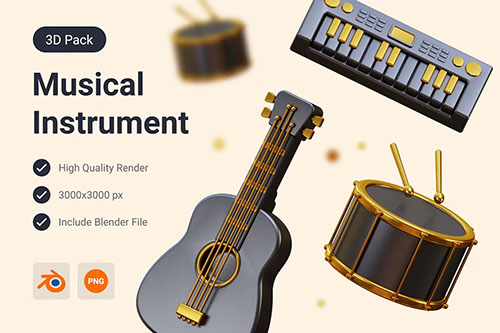 Acoustic Guitar, Drum & Piano 3D Illustration