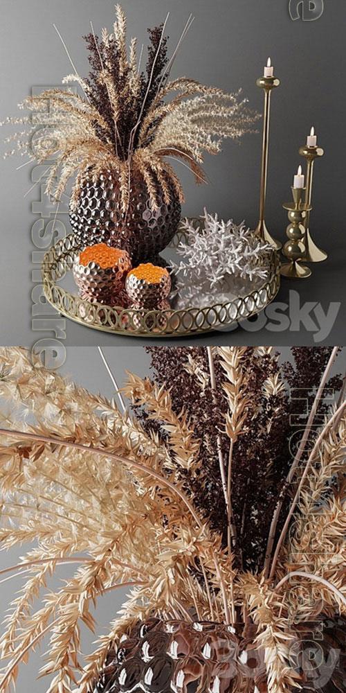 Bouquet of dried flowers in a glass vase on a tray 3D Model