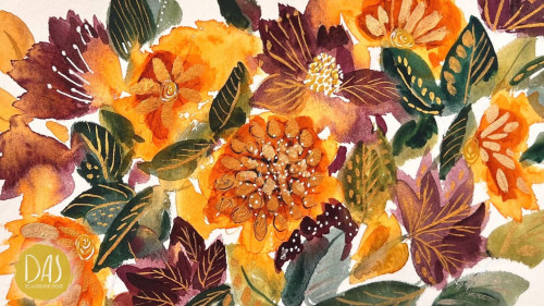 Autumn Watercolor  Paint Fall Florals and Foliage with Gold Accents
