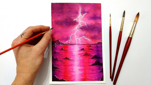 Thunderstorm and Lightning Landscape Paintings using Watercolors