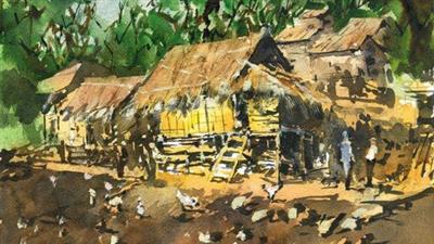 Village Huts In  Watercolour: Laos