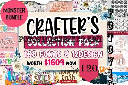 Crafter's Collection Pack Bundle - 108 Premium Fonts, 12 Premium Graphics