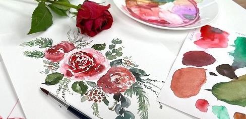 Loose watercolour flowers. How to paint red roses winter bouquet