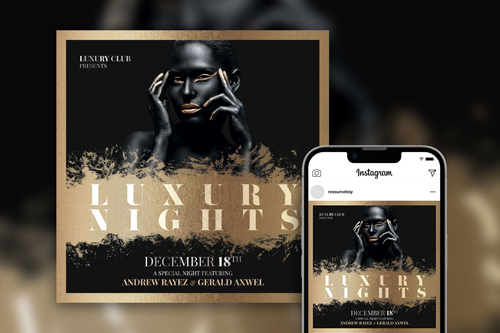 Black and Gold Luxury Nights Instagram Post Template PSD