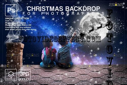 Christmas Rooftop Santa in Moon Digital Backdrop V02- 2285495