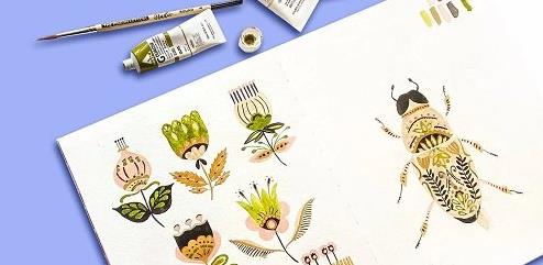 Modern Botanical Folk Art Draw and Paint Whimsical Flowers and Leaves Using Gouache and Watercolor
