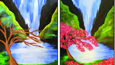 Paint An Acrylic Cherry Blossom Waterfall Scene