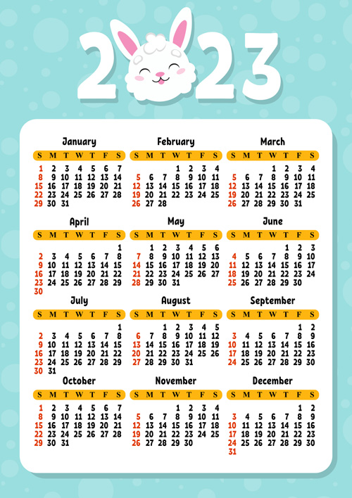 Calendar for 2023 with a cute character rabbit week starts on sunday fun and bright design cartoon style