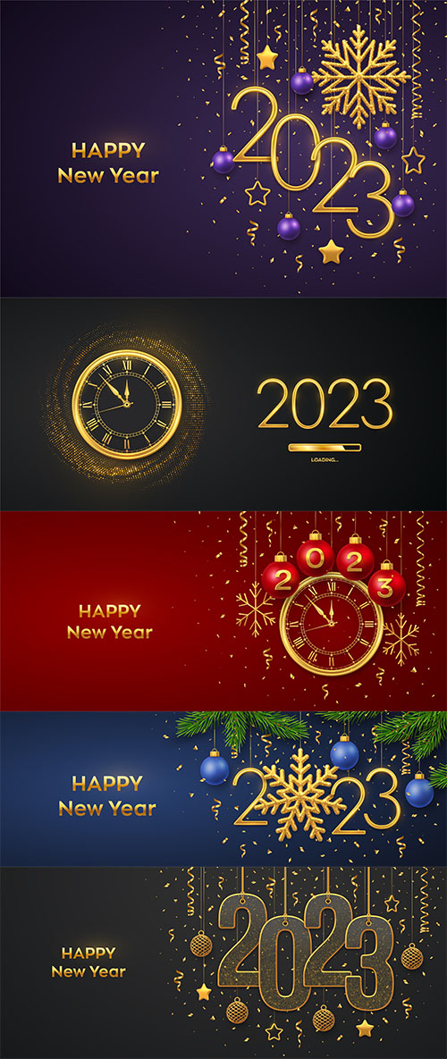 Happy new 2023 year hanging golden metallic numbers 2023 with snowflake balls pine branches and confetti
