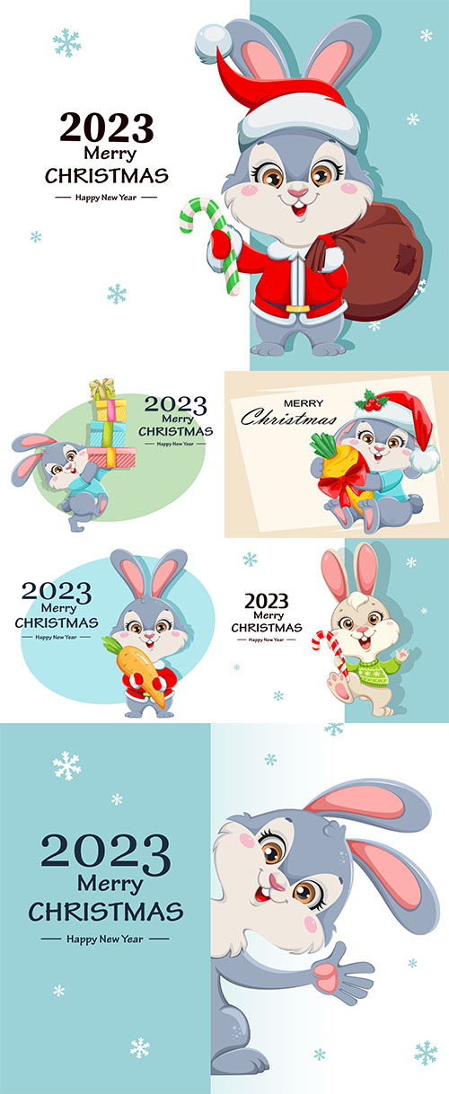 Merry xmas and happy new year cute cartoon rabbit