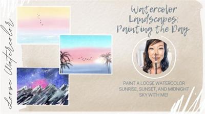 Watercolor Landscapes Painting The  Day (Sunrise, Sunset, And Midnight)