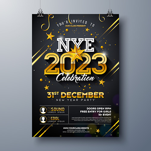 2023 new year party celebration poster template design with shiny gold number on black background