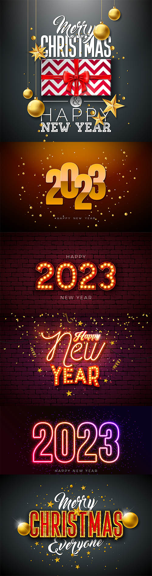 Happy new year 2023 illustration with gold ornamental ball and falling confetti on shiny background