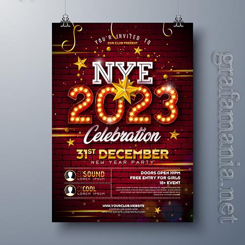 2023 new year party celebration poster template design with lights bulb marquee number and gold star
