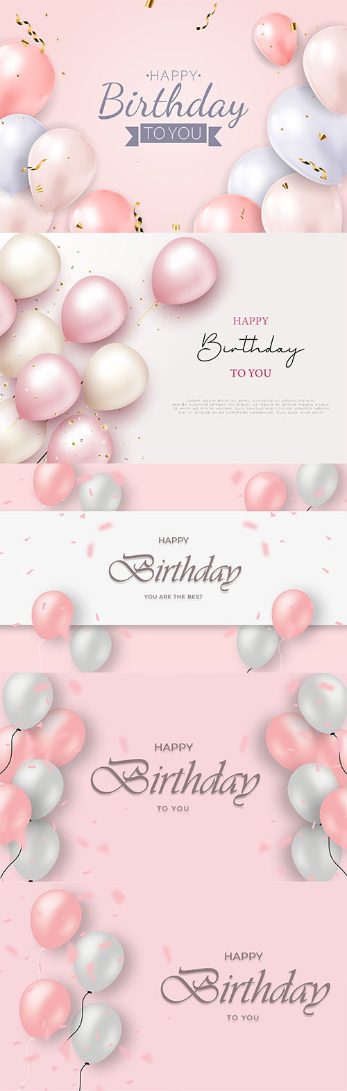 Realistic happy birthday background with pink and white balloons