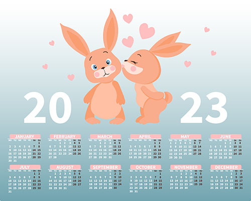 Calendar 2023 with a cute pair of bunnies in love on the background of hearts illustration, print