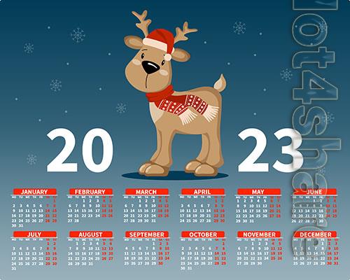 Calendar 2023 with a cute little deer in a santa hat on the background of snowflakes illustration