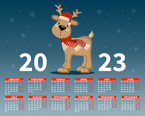 Calendar 2023 with a cute little deer in a santa hat on the background of snowflakes illustration