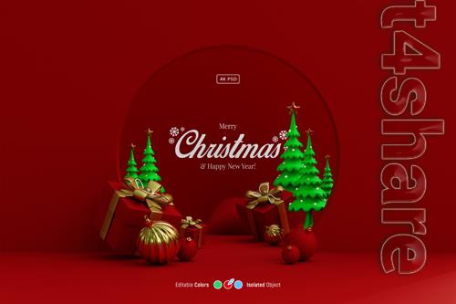 Christmas and new year studio scene with 3d pine trees bauble balls stars and gifts psd