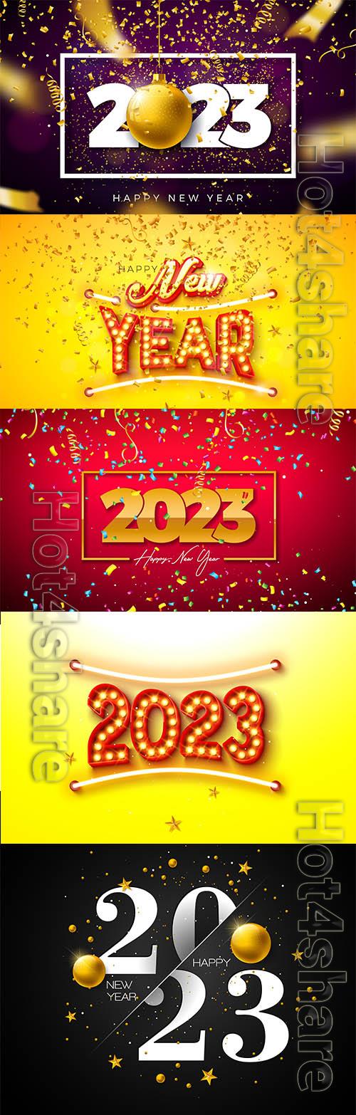 2023 Merry christmas and happy new year illustration with gold glass ball