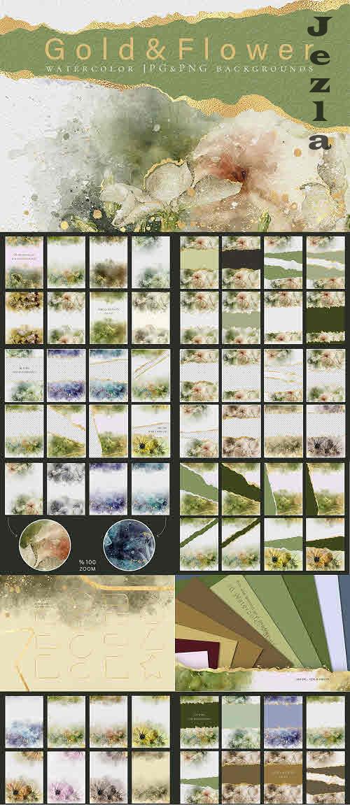 Gold & Flower Watercolor Backgrounds - 10944917